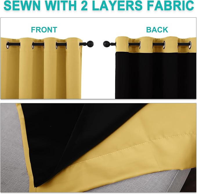 NICETOWN 100% Blackout Curtains with Black Liners, Solid Thermal Insulated Full Blackout 2-Layer Lined Drapes, Energy Efficiency Window Draperies for Bedroom (2 Panels, 42" W by 63" L, Bright Yellow)