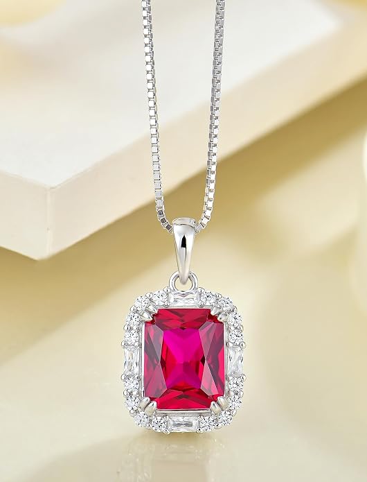 Princess Cut Necklaces for Women, 925 Sterling Silver Emerald Cut Birthstone Pendant Necklace Halo Square Rectangle Jewelry Gifts for Her