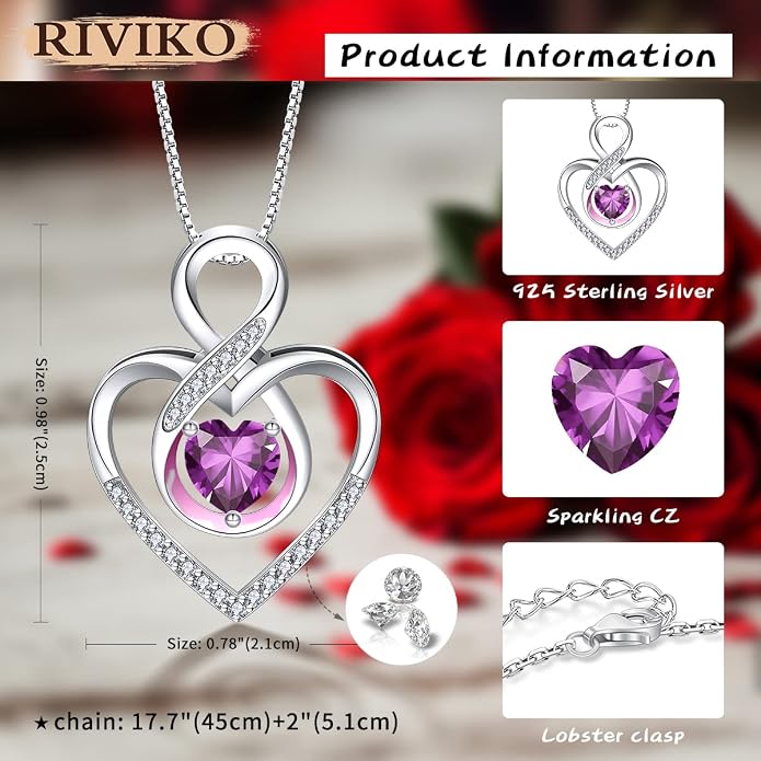 RIVIKO Infinity Heart Symbol Necklace for Women 925 Sterling Silver Love Heart Pendant Mothers Day Anniversary Birthday Christmas Jewelry Gifts for Women Mom Wife Sister Her Friends
