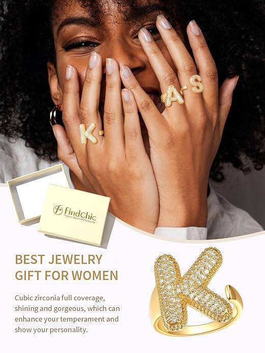 FindChic Initial Ring for Women, Gold Plated Chunky Letter Rings Open Adjustable Trendy Sparkling Cubic Zirconia Personalized Statement Rings Jewelry Gift