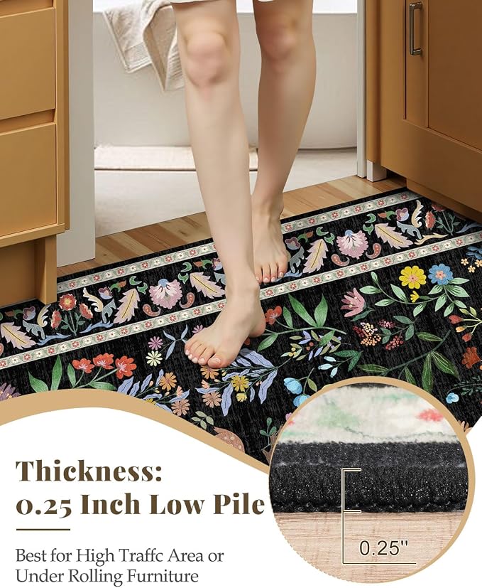 2x6 Black Bathroom Rugs - Washable Floral Runners for Kitchen Floor, Hallway, Low Pile & Soft Non Slip Bedroom Carpet with Rubber Backing, Dark Botanical & Animal Decor