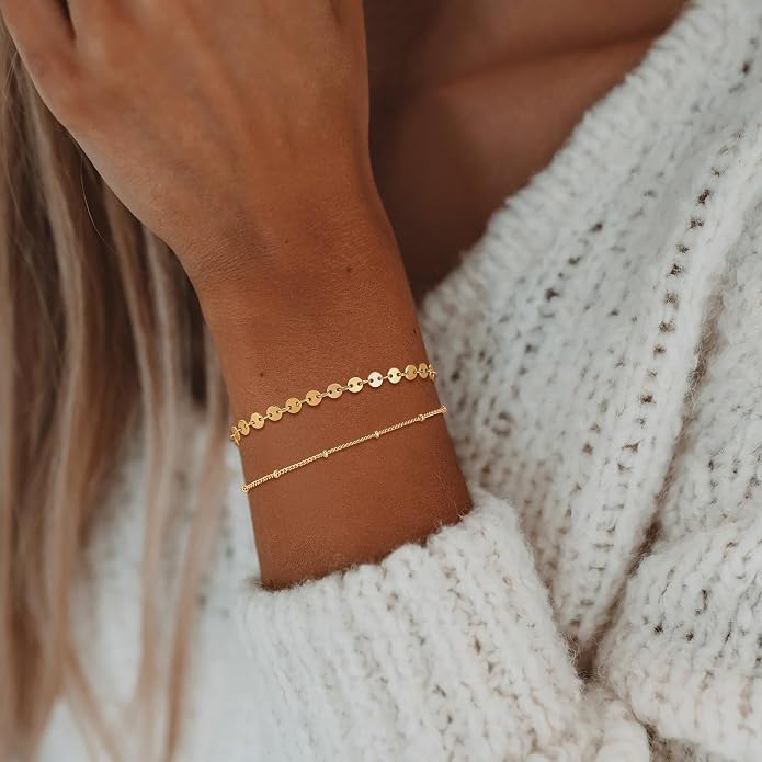 Dremmy Studios Gold Bracelet for Women 18K Gold Plated Dainty Paperclip Cubic Zirconia Disc Coin Star Cable Satellite Bead Pearl Simple Boho Minimalist Stacking Layered Link Jewelry Gift
