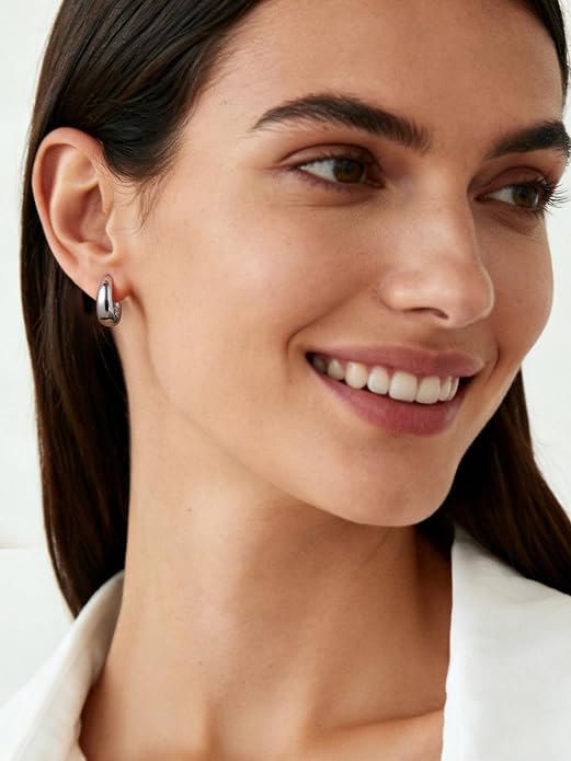 ChicSilver Solid 925 Sterling Silver Chunky Hoop Earrings for Women, Silver Small Thick Huggie Earrings Hypoallergenic Lightweight Silver Hoop Earrings for Sensitive Ears (8/10/12/14mm)