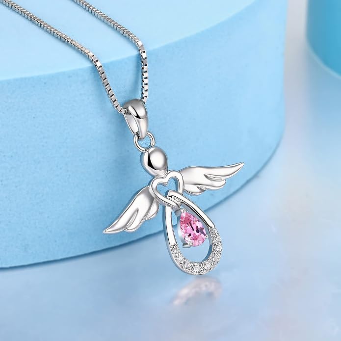 FJ Guardian Angel Necklace 925 Sterling Silver Birthstone Pendant Angel Jewelry Gifts for Women