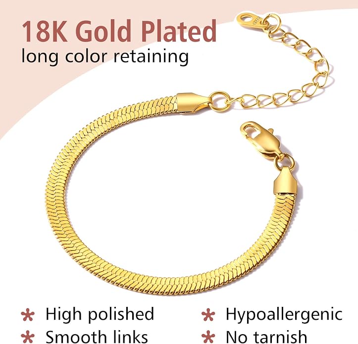 FindChic Elegant Herringbone Snake Chain Anklets/Bracelets 3MM/5MM Width Stainless Steel/18K Gold/Rose Gold Plated/Black 4 Color Options, 8.3'' 8.5'' 10.5'' Length, with Gift Box