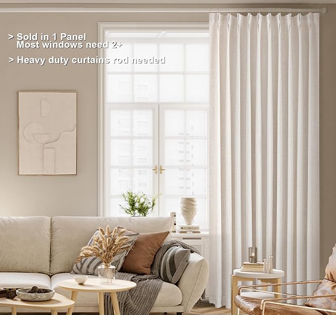 Vision Home Natural Pinch Pleated Full Blackout Curtains Linen Blended Room Darkening Window Curtains 90 inch for Living Room Bedroom Thermal Insulated Pinch Pleat Drapes with Hooks 1 Panel 60"Wx90"L