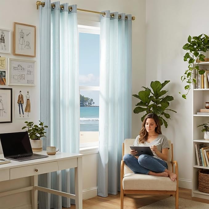 Vangao Linen Striped Curtains for Living Room Bedroom Farmhouse Tickingstripe Light Filtering Window Curtains Printed Drapes Grommet Top 2 Panels Aqua Blue on Off White W50 x L96 Inch