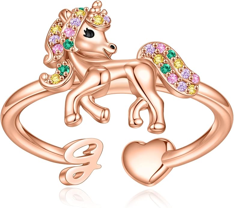Unicorn Initial Rings for Teen Girls, Rose Gold/White Gold Plated Heart Initial Rings for Girls Adjustable Stackable Rings for Women Diny Heart Ring for Teen Girls Gifts Unicorns Gifts for Girls