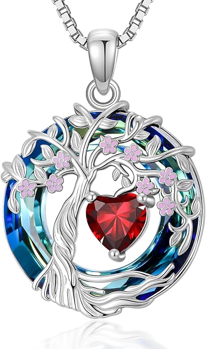 Tree of Life Birthstone Necklace 925 Sterling Silver Crystal Tree of Life Pendant Birthstone Jewelry Birthday Christmas Gifts for Women Mom Her Wife