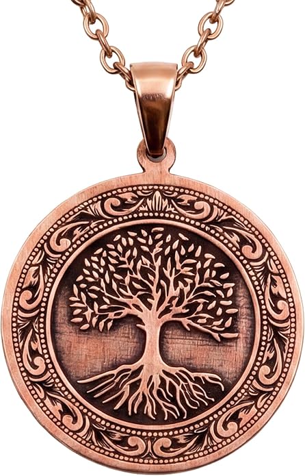 Tree of Life Pure Copper Pendant Necklace, Engraved Round Medallion (1.2”), 20.5” Stainless Steel Chain, Gift-Boxed | Aspendos