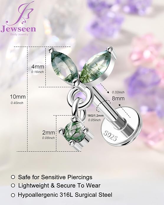 Jewseen Celtic knot&Butterfly Moss Agate Stud Earrings Dangle Internal Threaded Flat Back 16g 8mm Hypoallergenic 925 Sterling Silver Piercing Jewelry for Cartilage Lip Conch Tragus Helix