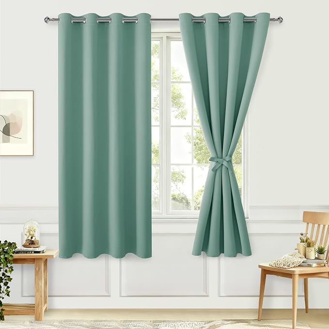 Hiasan Blackout Curtains for Bedroom, 52 x 63 Inches Length - Thermal Insulated & Light Blocking Window Curtains for Living Room, 2 Drape Panels Sewn with Tiebacks, Sage Green