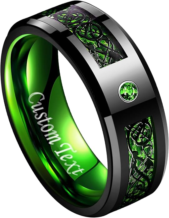 TUNGSTORY 8mm Black Celtic Dragon Tungsten Carbide Wedding Ring with Green Carbon Fiber and CZ Inlay Polished Finish Beveled Edge Size 6-16
