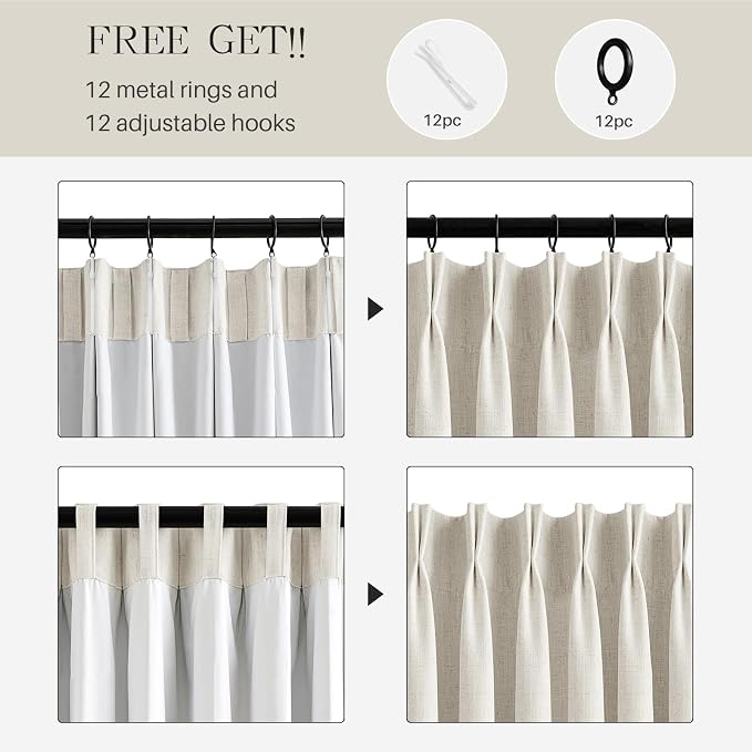 Pinch Pleated Curtains 100% Blackout Linen Curtains 95 Inches Long for Bedroom Living Room, Natural Memory Trained Thermal Insulated Room Darkening Window Pleat Drapes with Hooks, 1 Panel, 60"Wx95"L
