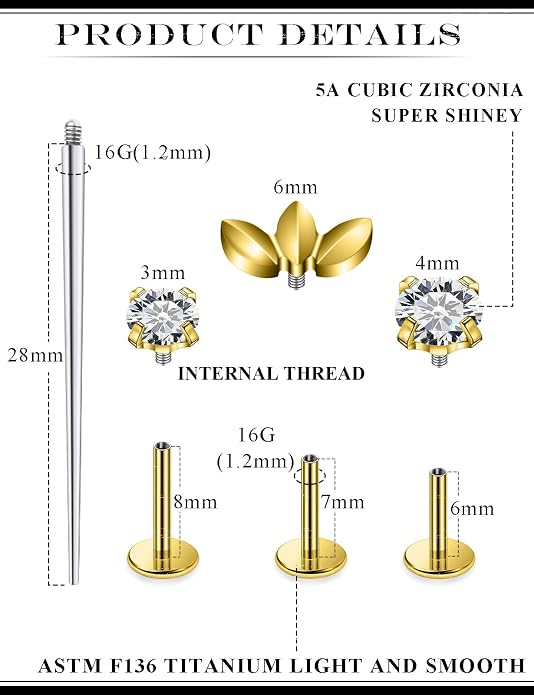 20G 18G 16G Astm F136 Titanium Internal Thread Flat Back Earrings Nose Studs Tragus Forward Helix Conch Cartilage Lobe Earring Stud Medusa Labret Monroe Lip Ring Piercing Jewelry For Women Men