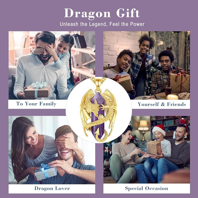 INFUSEU Unique Dragon Necklaces with Healing Crystal Stone for Men Women, Personalized Spiritual Gifts, 24 Inch Chain