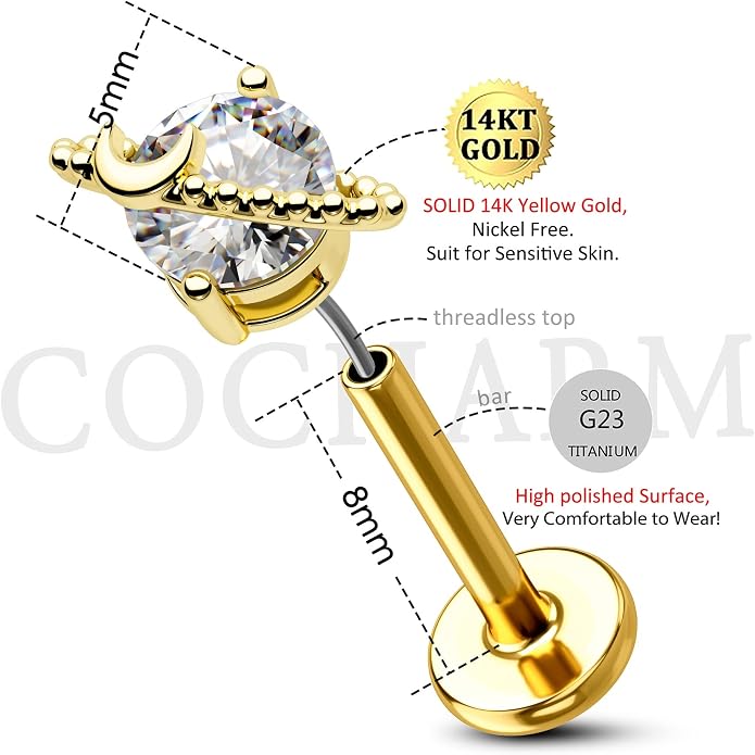 Cocharm 14K Solid Gold Cartilage Earring - Planet Yellow Gold Flat Back Helix Stud, 16g