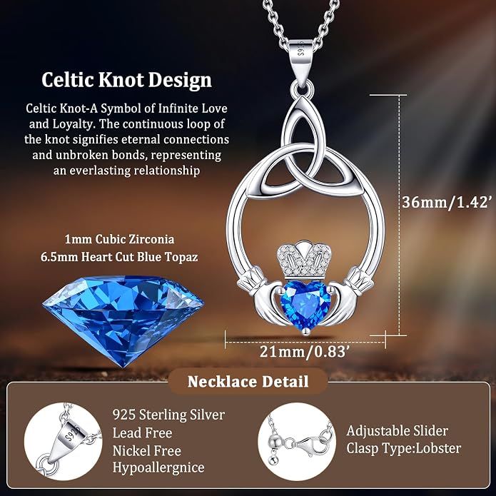 Gift Birthstone Necklaces for Women 925 Sterling Silver Irish Claddagh Necklace for Women Heart Birthstone Pendant Necklace Anniversary Birthday Gifts for Wife Lady Cable Chain 18"+2"