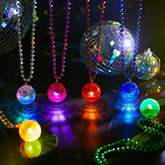 Sasylvia 12 Pcs LED Disco Ball Necklaces Light up Bead Necklaces 70s Disco Party Favors Glow in The Dark Bead Jewelry Costume Accessories for New Year Party Dance Supplies(Multicolor)