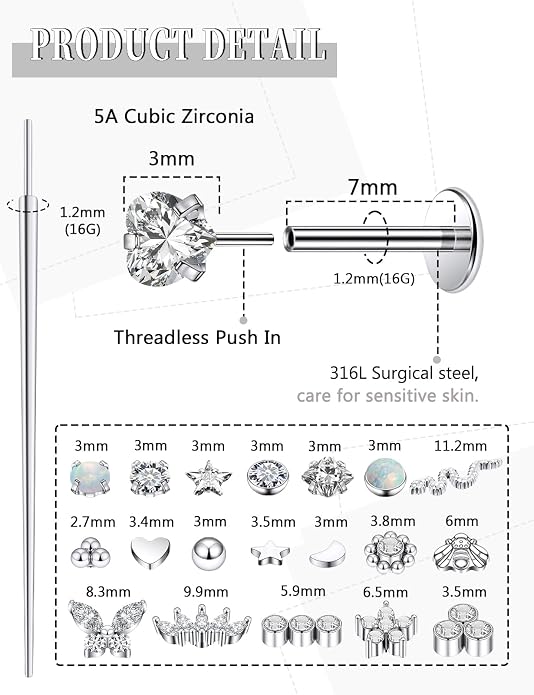 14K Gold Filled 20G 18G 16G Threadless Flat Back Earrings Studs Surgical Stainless Steel Opal CZ Push In Nose Rings Studs Tragus Helix Conch Cartilage Earrings Piercing Jewelry For Women Men