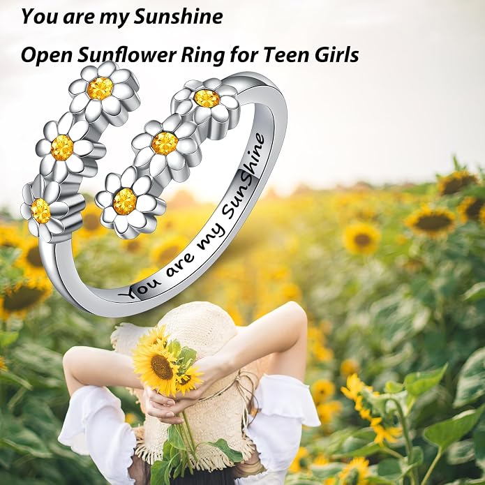 Jinlou 925 Sterling Silver Dainty Daisy Rings Flower Finger Rings For Women Love Promise Band Sunflower Adjustable Thumb Rings For Women