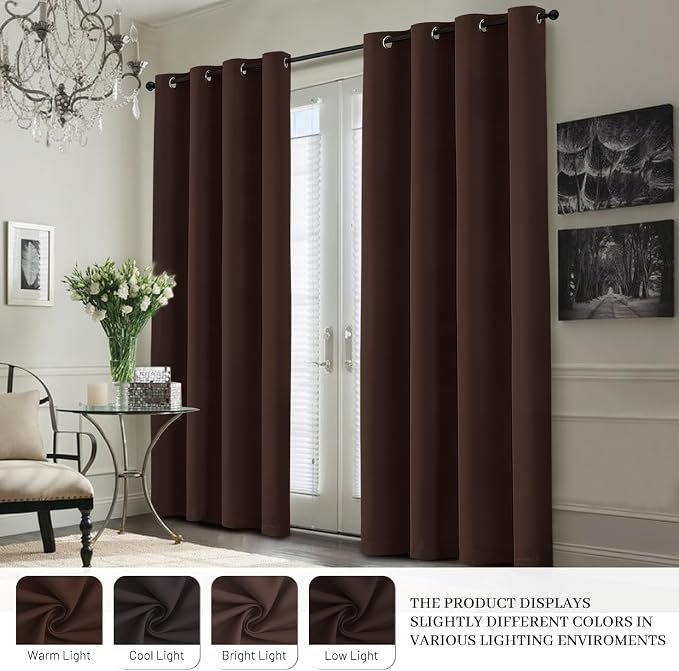 Yakamok Brown 100% Blackout Curtain Panels 84 inches, 50" Wide, 2 Panels | Blackout Curtain Panels for Bedroom, 2 Thick Layers Grommet Top Thermal Insulated Drapes with White Back for Living Room