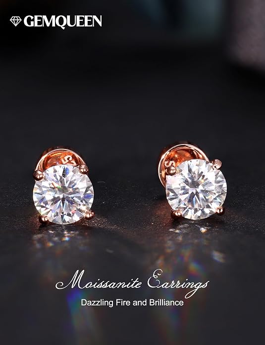 GEMQUEEN Moissanite Earrings Studs : 18K Gold Plated Solid 925 Sterling Silver Stud Earring for Women Men Hypoallergenic Dainty Moissanite Jewelry for Sensitive Ears Round Cut D Color VVS1 2-7.5mm
