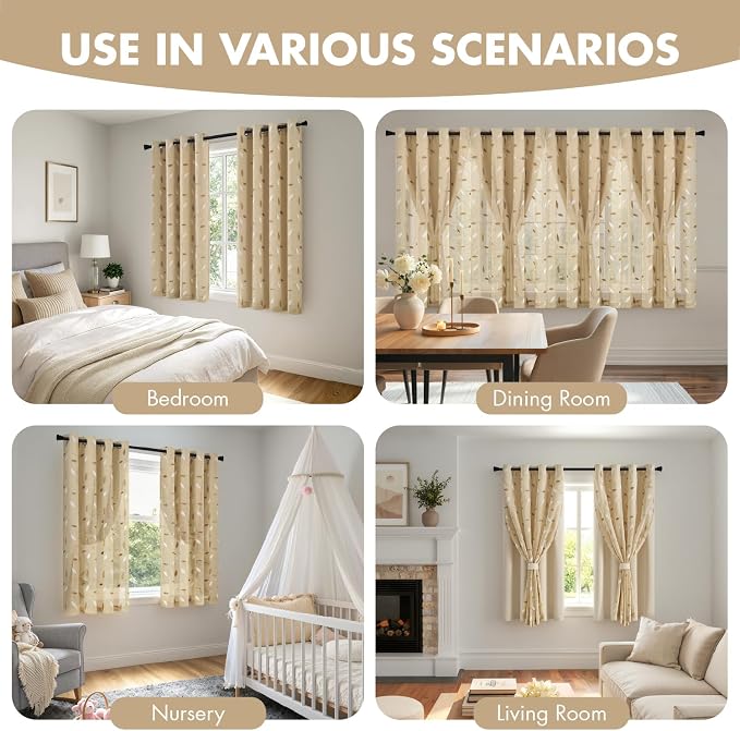 MIULEE Beige Double Layer Curtains 63 Inches Long, Leaf Patterned Sheer Floral Drapes and Blackout Room Darkening Window Curtains for Living Room Bedroom, Grommets Top, 52" W x 63" L, 2 Panels