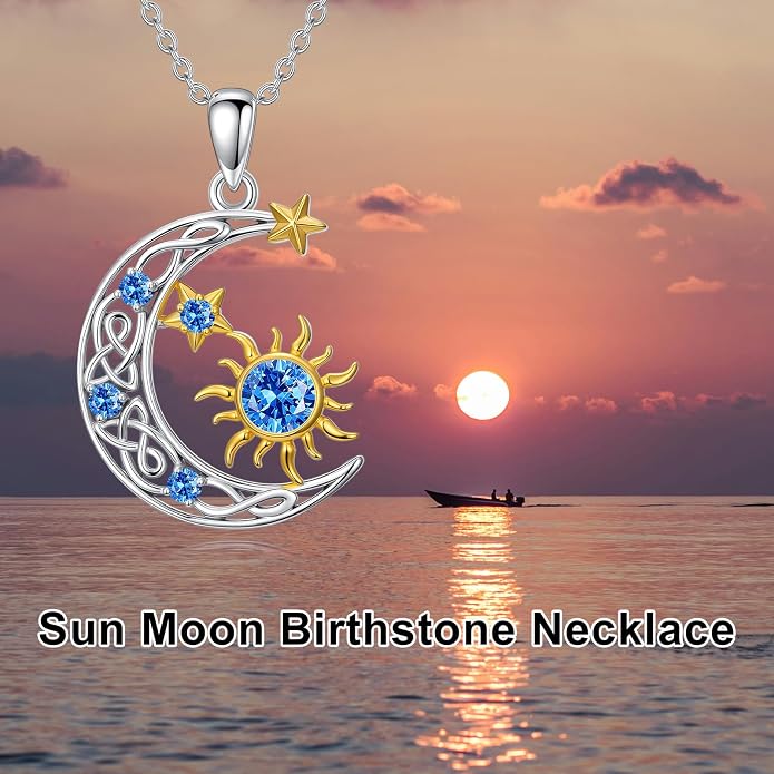 PELOVNY Sun and Moon Necklace for Women 925 Sterling Silver Sun Moon Star Birthstone Pendant Necklaces Birthday Christmas Jewelry Gifts for Mom Daughter Wife Sister