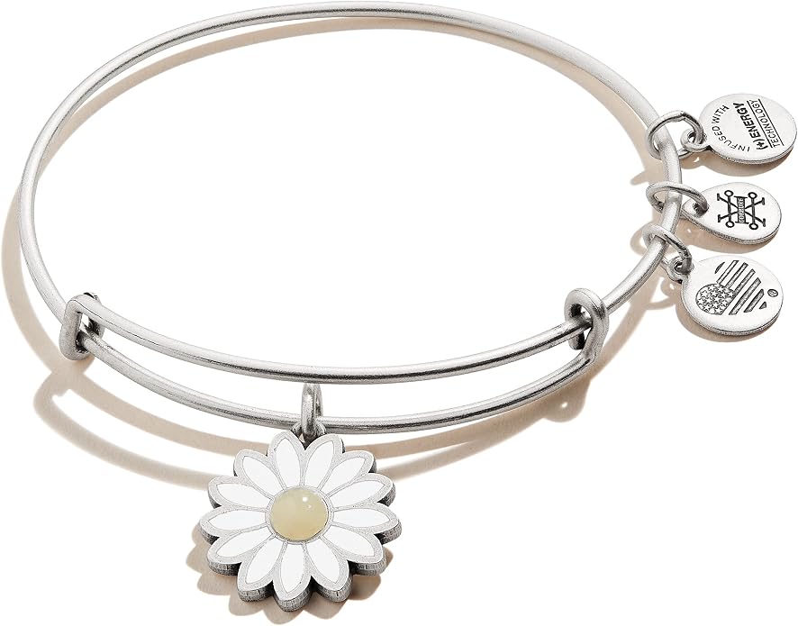 Alex and Ani Expandable Bangle for Women, Daisy Charm, Pineapple Jasper Gemstone, Rafaelian Finish, 2 to 3.5 in