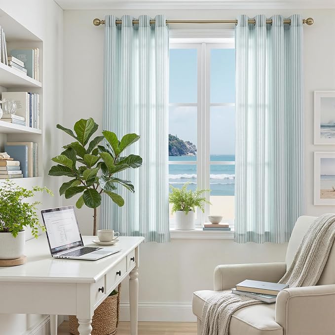 jinchan Linen Curtains 63 inch Aqua Blue Stripe on White Grommet 2 Panels | Curtains for Living Room Bedroom,Ticking Vertical Stripe ,Modern Beachy Coastal Drapes,Window Treatment,Light Filtering
