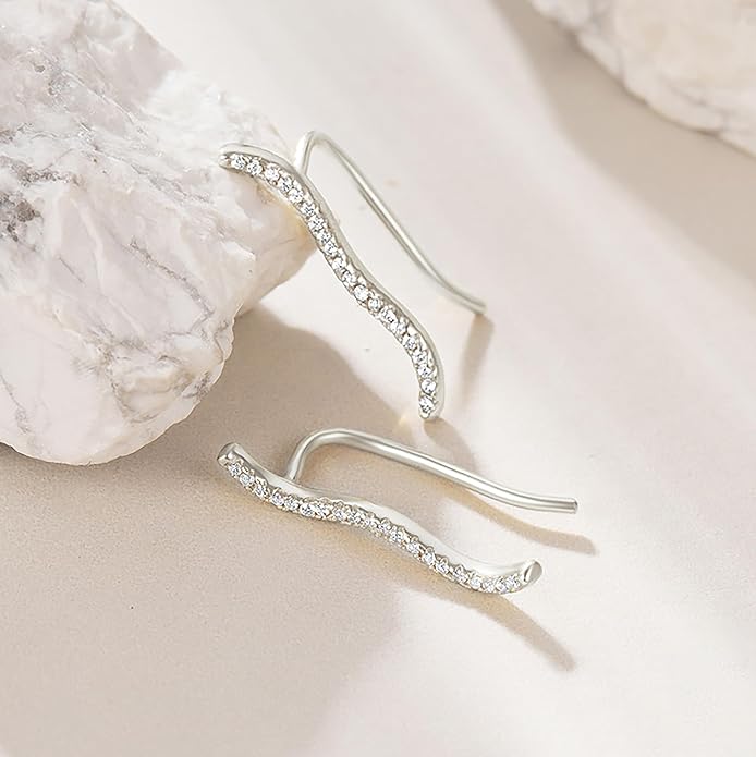 925 Sterling Silver Ocean Wave Crystals Ear Cuffs Climber Cartilage Earrings for Women, Dainty White CZ Trendy Earring Jewelry Hypoallergenic Fashion Earring Jewelry Gift for Birthday Wedding