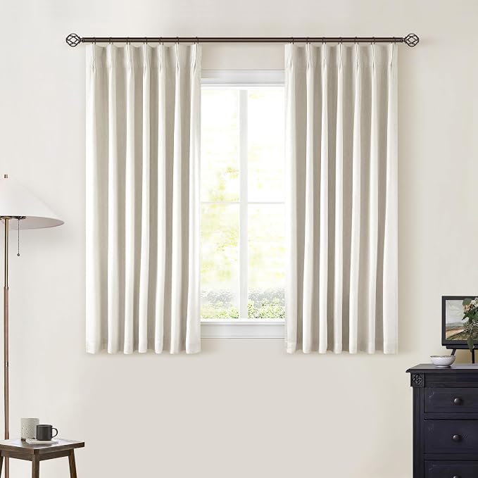 Cream Pleated 100% Blackout Linen Short 45 Inch Curtains 2 Layers Natural | Memory Trained Pinch Pleat with Back Tab, Thermal Insulated, Noise Reducing, Black Out Curtains for Cafe Kitchen 2 Panels