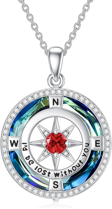 TOUPOP Necklace Gifts for Wife Compass Jewelry Women Anniversary Girlfriend Birthday Gift for Her Valentines I'd be Lost without You Sterling Silver Birthstone Necklaces