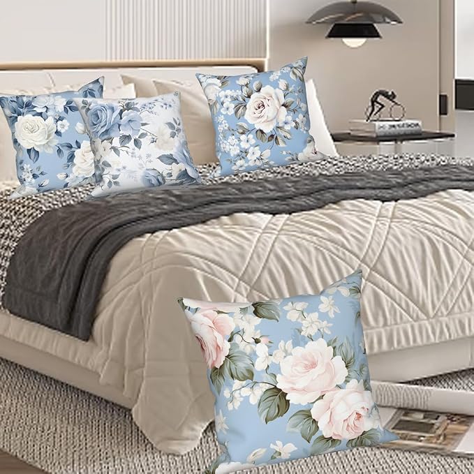 4 Pcs/Set Rose Flowers Pillow Covers Summer Floral Green Leaves Flowering Shrub Plants Natural Scenery Colorful Watercolor Linen Cushion Case for Outdoor Couch Sofa Bedroom, 22"x22"