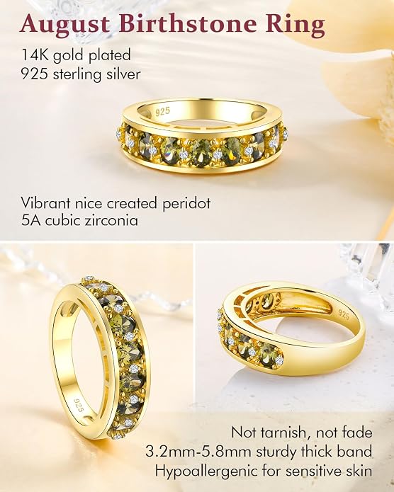 DAYBYDAY Oval Band Rings for Women, 925 Sterling Silver/14k Gold Plated Half Eternity Ring, Aquamarine/Ruby/Emerald/Sapphire Birthstone Rings, Thick Band Gemstone Anniversary Ring Size 6 to 10