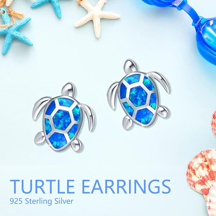 Sea Turtle Earrings,Sterling Silver Hawaiian Beach Themed Stud Earrings Tortoise Animals Drop Dangle Blue Opal Ocean Tarnish Resistant Jewelry Gifts for Women Girlfriend Mom Mother Sister