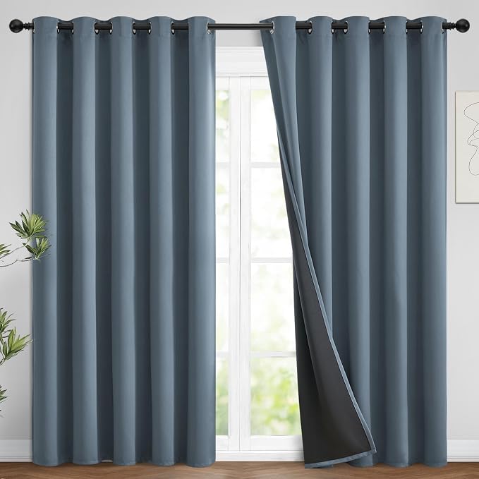 Yakamok Stone Blue 100% Blackout Curtains 96 Inches Long 62" Wide 2 Panel | Blackout Curtain Panels for Bedroom, 2 Thick Layers Grommet Top Thermal Insulated Drapes with Black Liner for Living Room