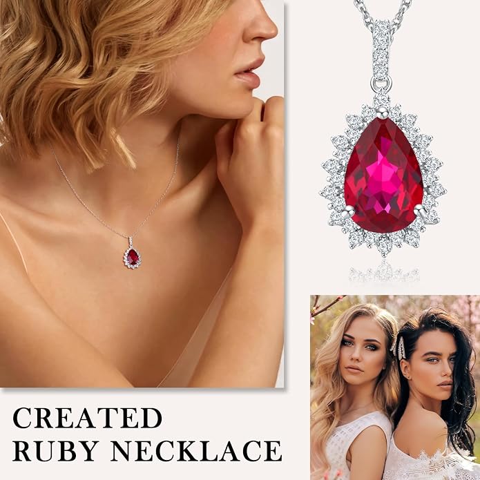 925 Sterling Silver Teardrop Necklace for Women Huge Created Gemstone Solitaire Halo Pendant Pear Cut Birthstone Necklace
