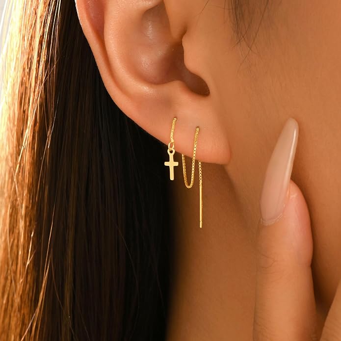 Cross Threader Earrings for Women 925 Sterling Silver Dainty Long Chain Ear Line 14K Gold Plated Elegant Cross Faith Dangle Tassel Earrings Hypoallergenic Drop Stud Christian Wedding Jewelry Gift