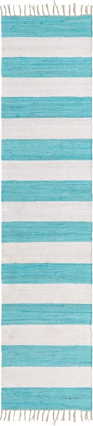 Unique Loom Chindi Rag Collection Area Rug - Striped (2' 7" x 12' 2" Runner, Turquoise and Ivory)
