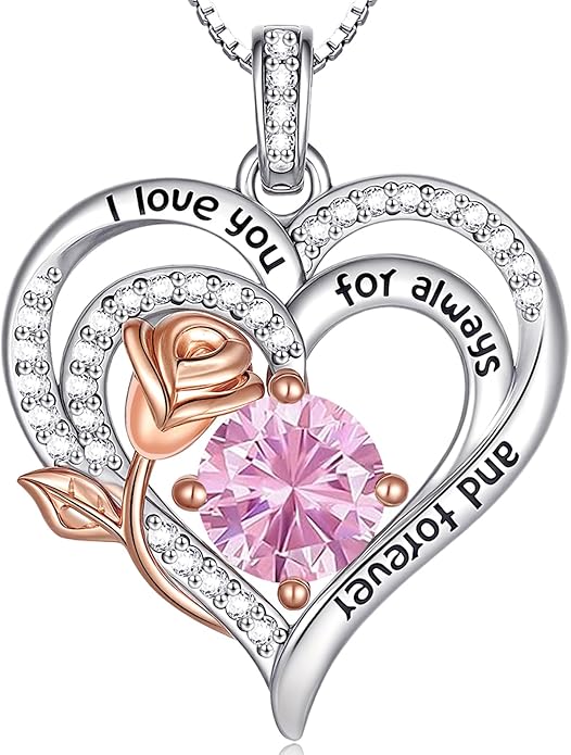 Birthstone Heart Necklaces for Women 925 Sterling Silver Fine Jewelry Rose Pendant Necklace Anniversary Birthday Mothers Day Gifts Her Wife Women Mom Daughter