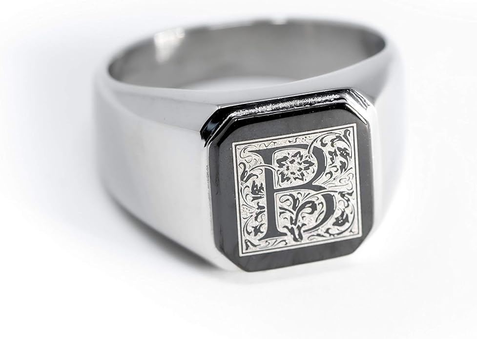 Jewelry | Stainless Steel Letter Alphabet Initial Ring | Square Flat Top Ring for Men & Women | Stainless Steel Jewelry, (Black, Gold, Silver), Size 7-16