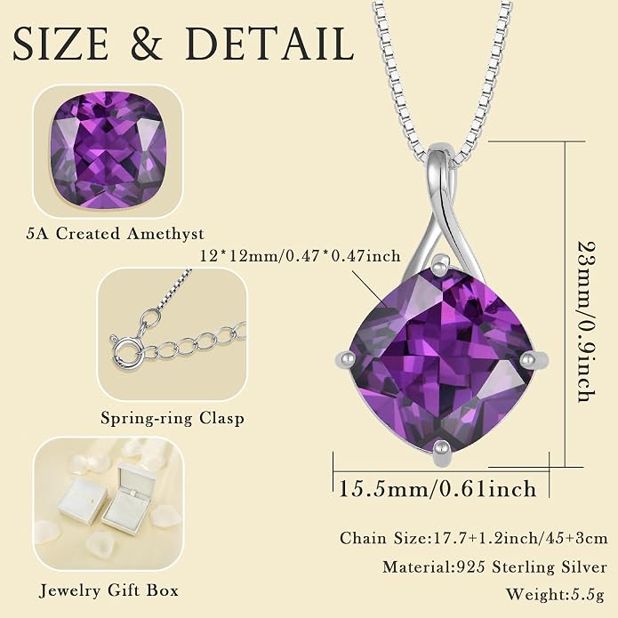 Square Cut Birthstone Necklace for Women Hypoallerg 925 Sterling Silver Cubic Zirconia Necklace Simple Jewelry for Her