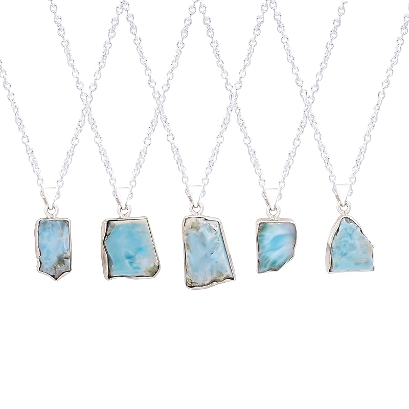 Natural Real Raw Larimar Crystals Bezel Pendant Necklace, Birthstone, Healing Rough Gemstone, 925 Sterling Silver Jewelry 18 inch