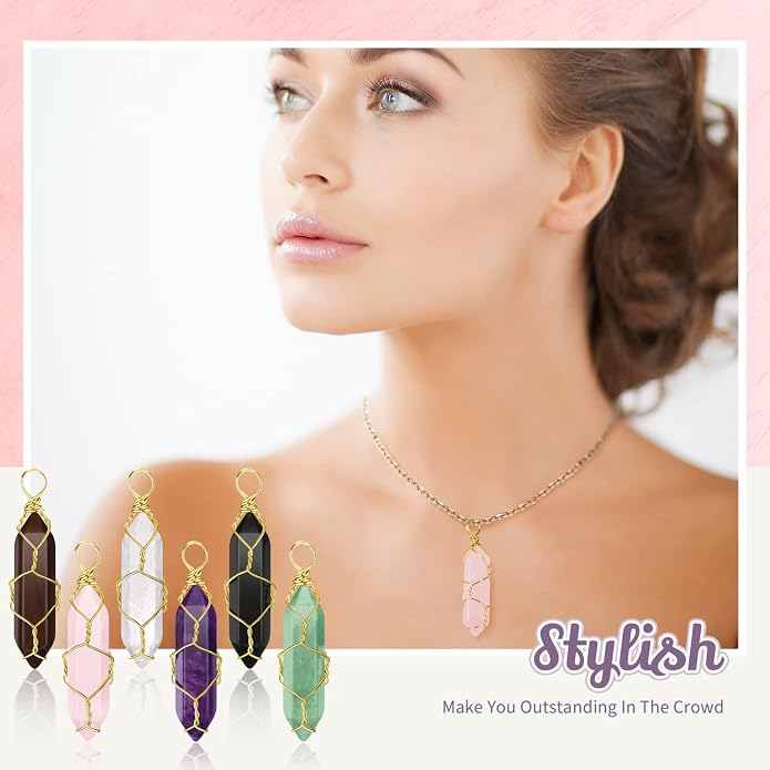 Sureio 18 Pieces Natural Healing Crystal Pendant Hexagonal Pointed Wire Wrapped Gemstone Quartz Pendant with Wire Wrapped Gemstone for Necklace Jewelry Making
