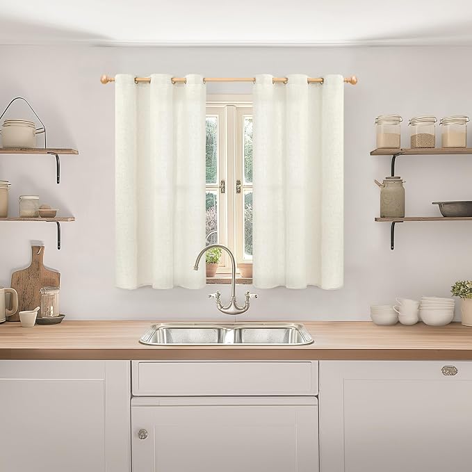 YoungsTex Short Linen Curtains 45 Inches Length for Kitchen Window - Natural Light Filtering Drapes with Grommet Semi Sheer Privacy for Bedroom Bathroom Window, 2 Panels, 42 X 45 Inch