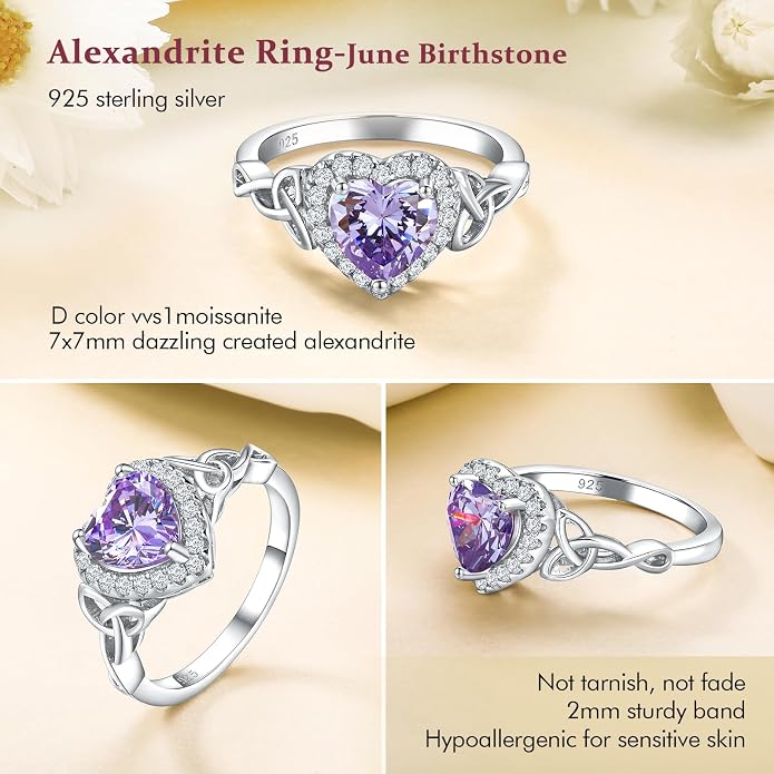 DAYBYDAY Celtic Birthstone Rings for Women 925 Sterling Silver Heart/Round/Pear/Oval Created Gemstone Moissanite Halo Engagement Promise Rings for Her Wife Birthday Anniversary Wedding Jewelry