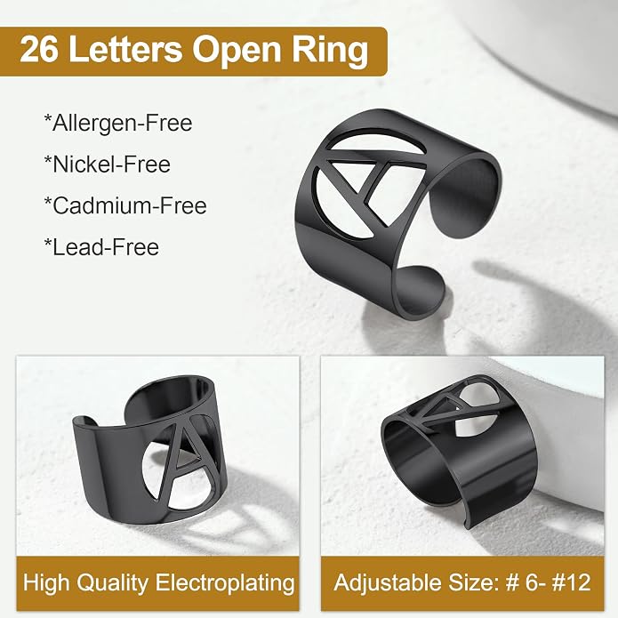 KeyStyle Bold Initial Letter Rings Adjustable, GoldChic Jewelry Women Gold Statement Ring Personalized Engraved Women’s Open Signet Ring for Party (Gold, White Gold, Black)