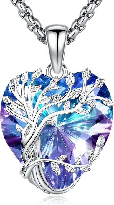 Eusense Tree of Life Necklace for Women White Gold Plated Copper Moonstone/Turquoise/Black Onyx/Crystal Birthstone Pendant Jewelry Gifts for Women Men